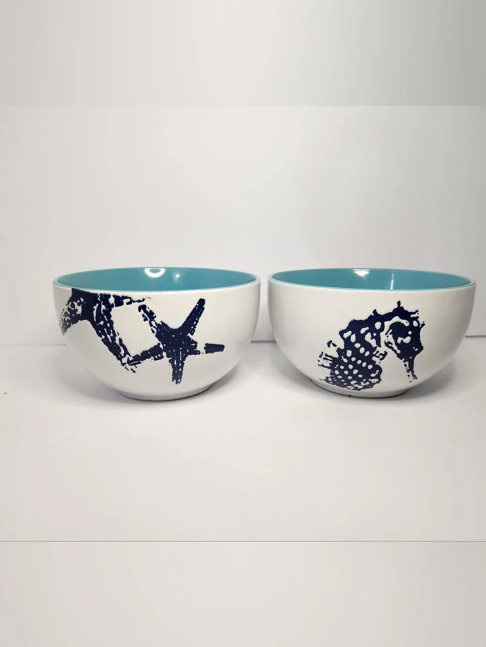 Coastal Ceramic Bowl Pair in White with Blue Interior